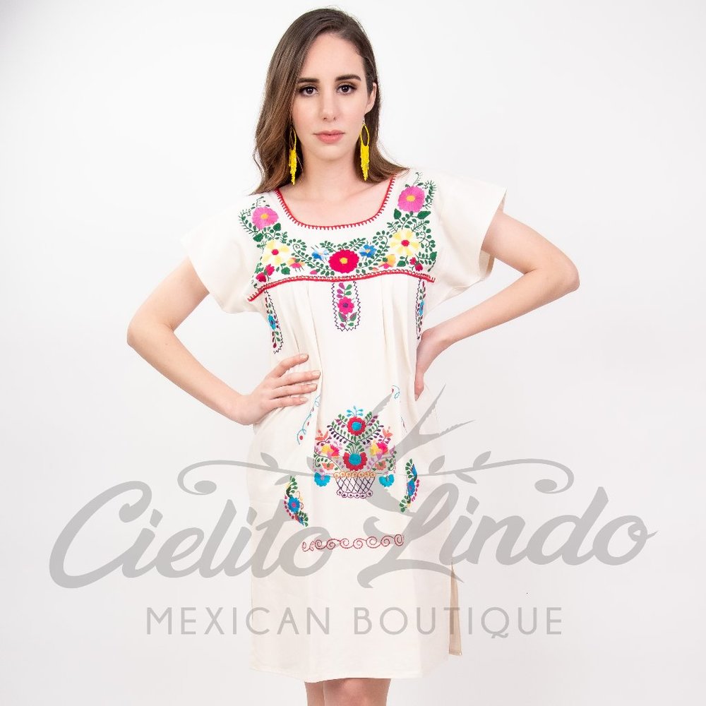 🌵Authentic Mexican Dress Floral Embroidered White - Picture 2 of 8